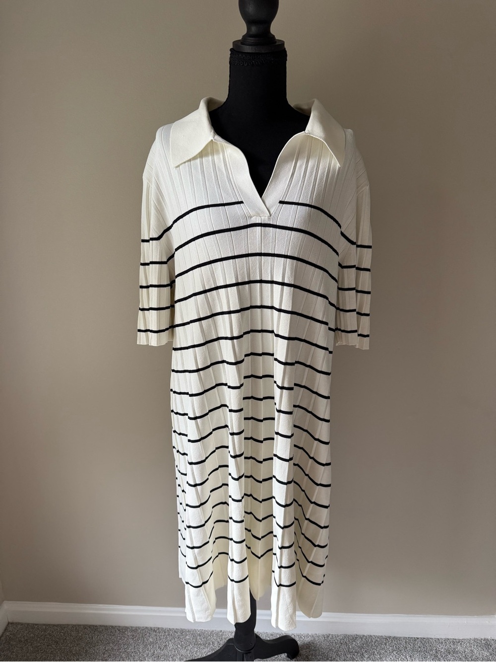 Women's Cream Polo Knit Dress with Black Stripes size L
